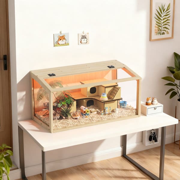 Large Wooden Hamster Cage with Tempered Glass and LED Light 80cm