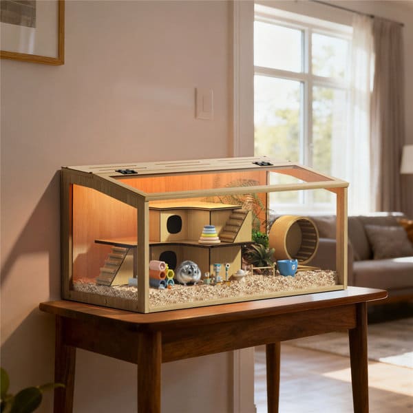 Large Wooden Hamster Cage with Tempered Glass and LED Light 80cm