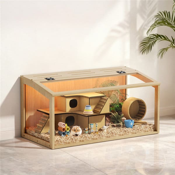 Large Wooden Hamster Cage with Tempered Glass and LED Light 80cm