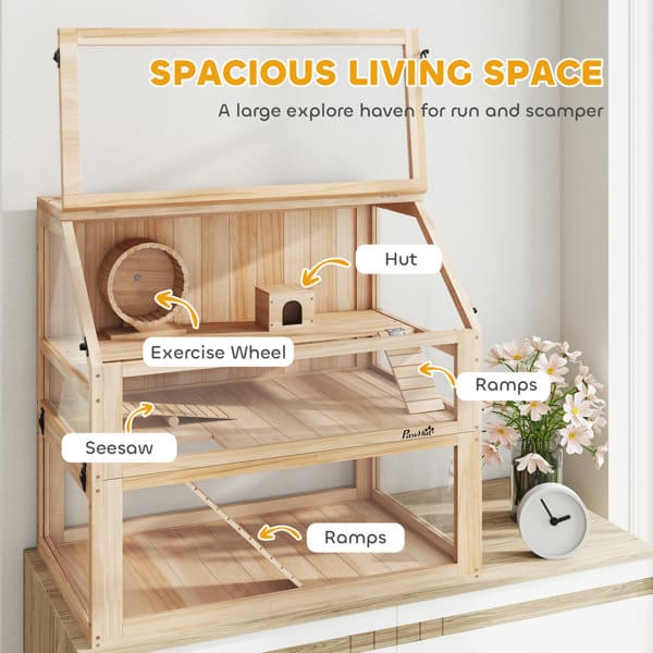 3 Tier Wooden Hamster Cage with Wheel, Ramp and Hut 80cm