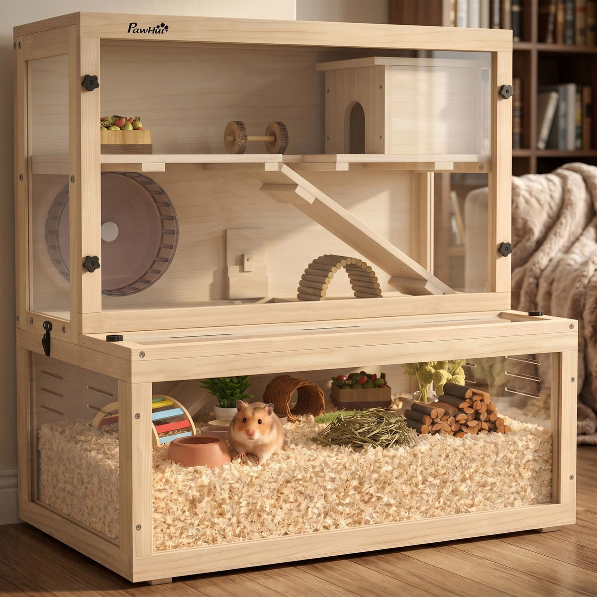 3 Tier Wooden Hamster Cage with Hut Wheel and Ramps 80cm