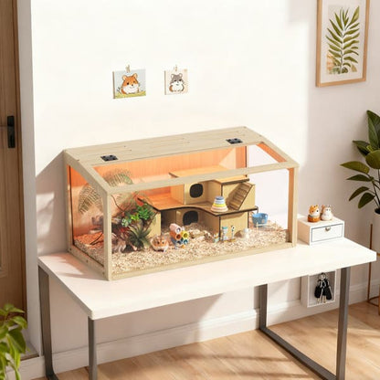 Large Wooden Hamster Cage with Tempered Glass and LED Light  80cm