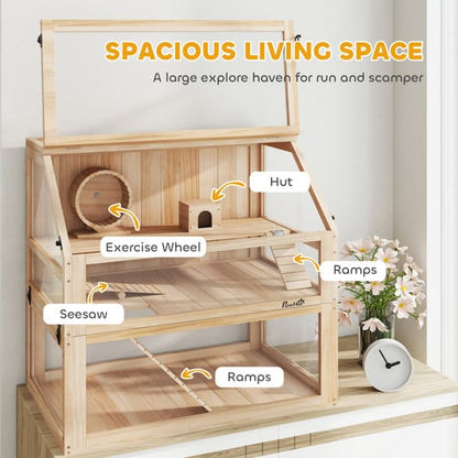 3 Tier Wooden Hamster Cage with Wheel, Ramp and Hut  80cm