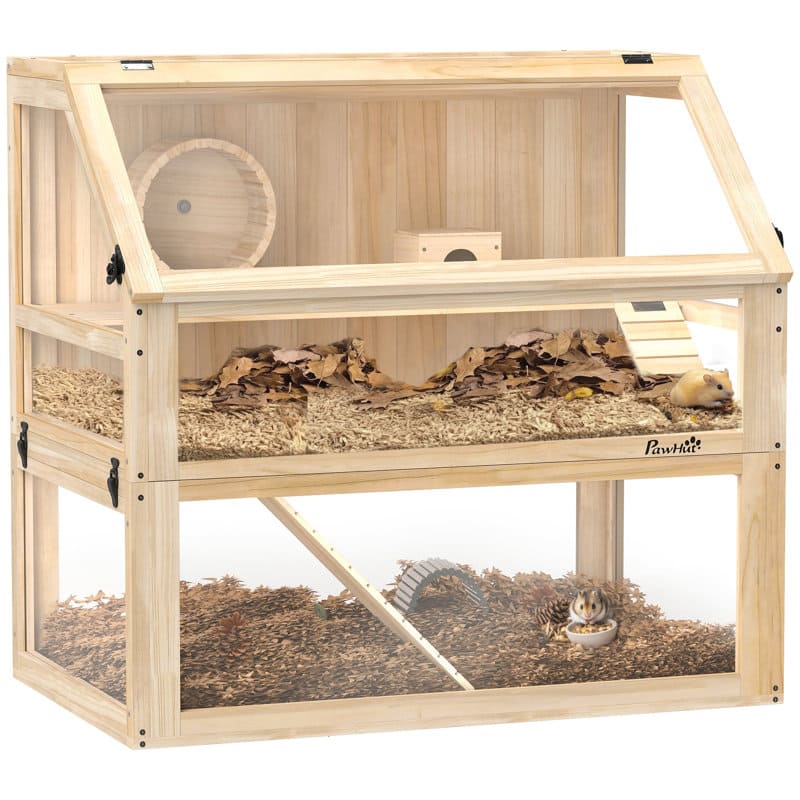 3 Tier Wooden Hamster Cage with Wheel, Ramp and Hut  80cm