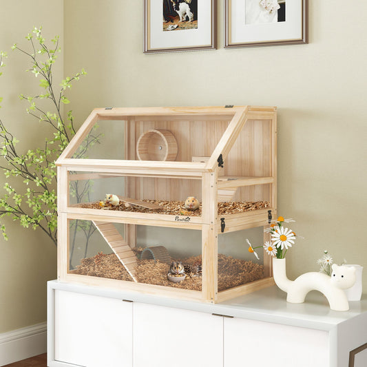 3 Tier Wooden Hamster Cage with Wheel, Ramp and Hut  80cm