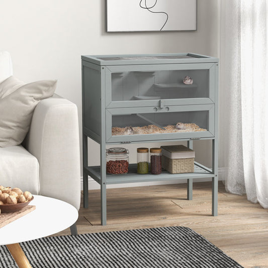 Large Wooden Hamster Cage with 5 Platforms and Storage Shelf  Grey