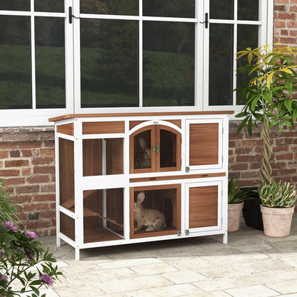 2 Tier Rabbit Hutch with Run  Outdoor Wooden Guinea Pig Cage 125cm