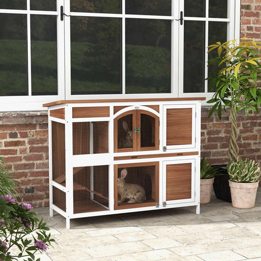 2 Tier Rabbit Hutch with Run  Outdoor Wooden Guinea Pig Cage 125cm