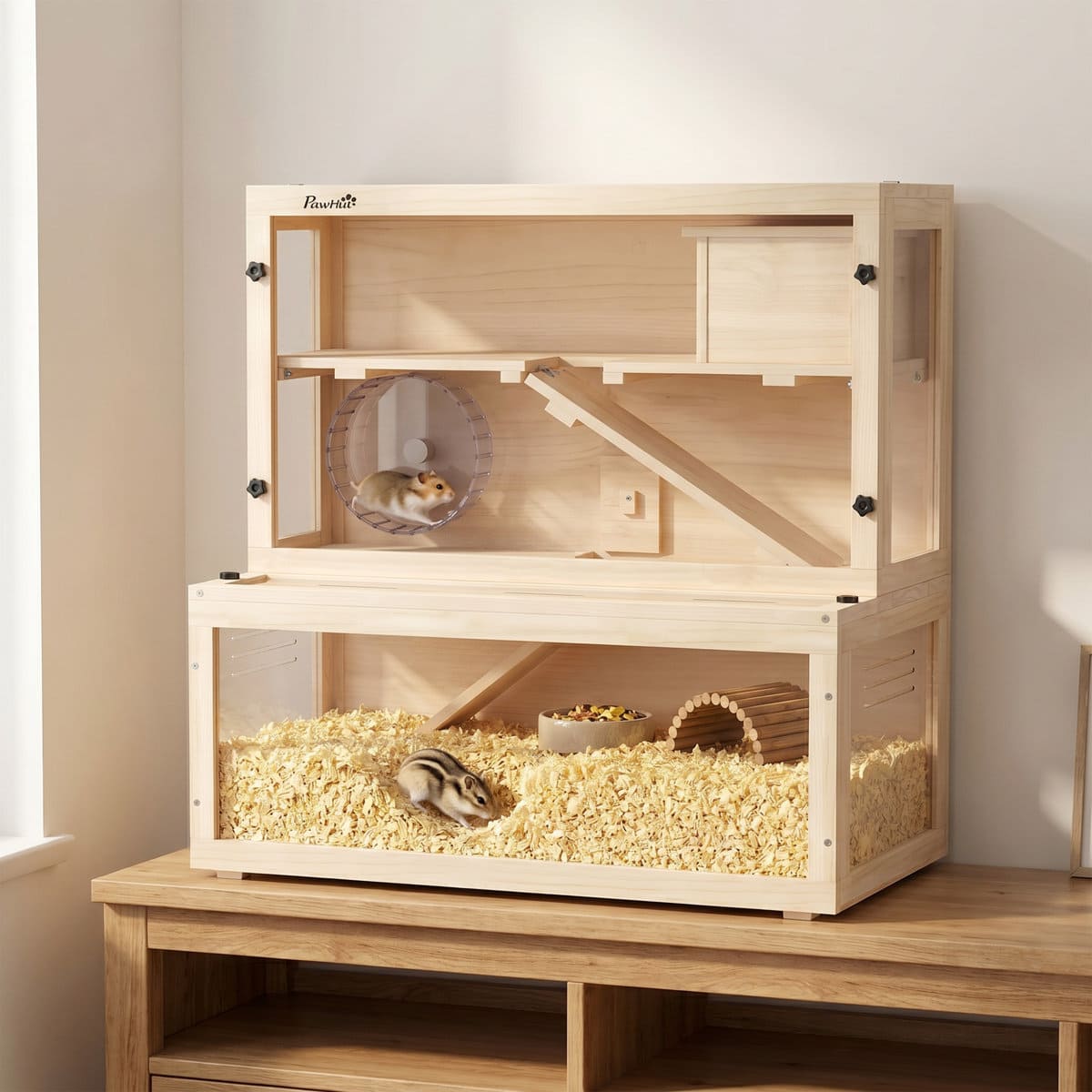 3 Tier Wooden Hamster Cage with Hut Wheel and Ramps  80cm