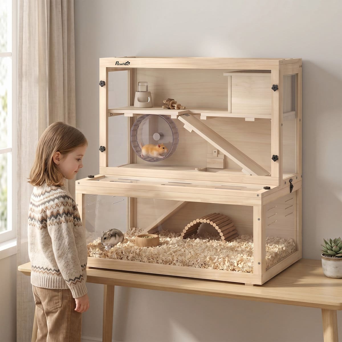3 Tier Wooden Hamster Cage with Hut Wheel and Ramps  80cm